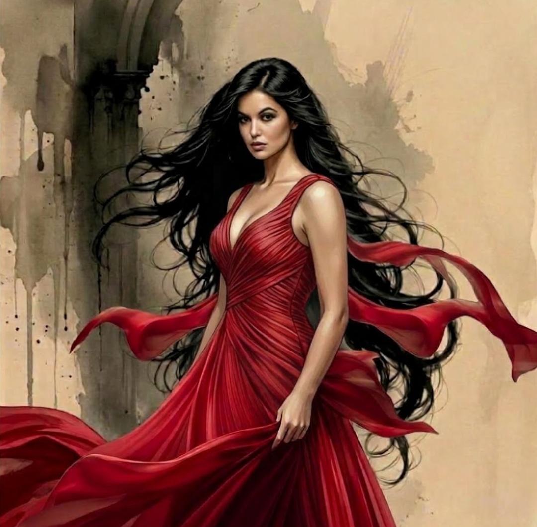 Ilustração de «O Silêncio da Razão»: mulher de vestido vermelho sobre fundo de aguarela